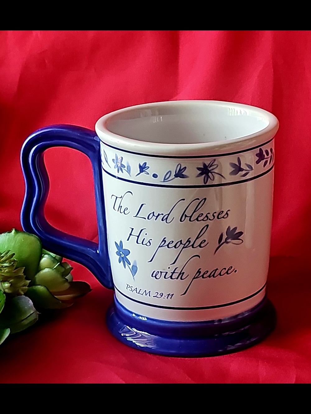 Blue and White Ceramic Faith Mug — Psalm 29:11 - The Lord Blesses His People